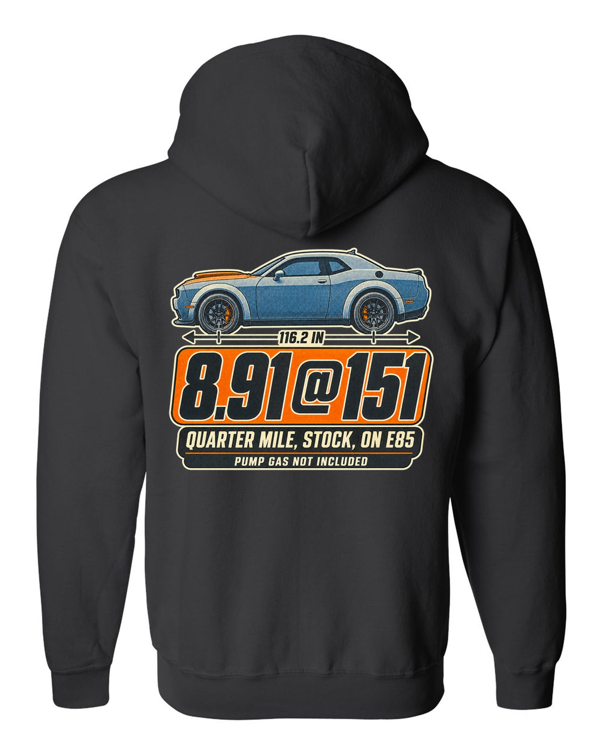 Dodge Challenger SRT Demon 170 halftone print with quarter mile time on E85 black zip hoodie back view with the design