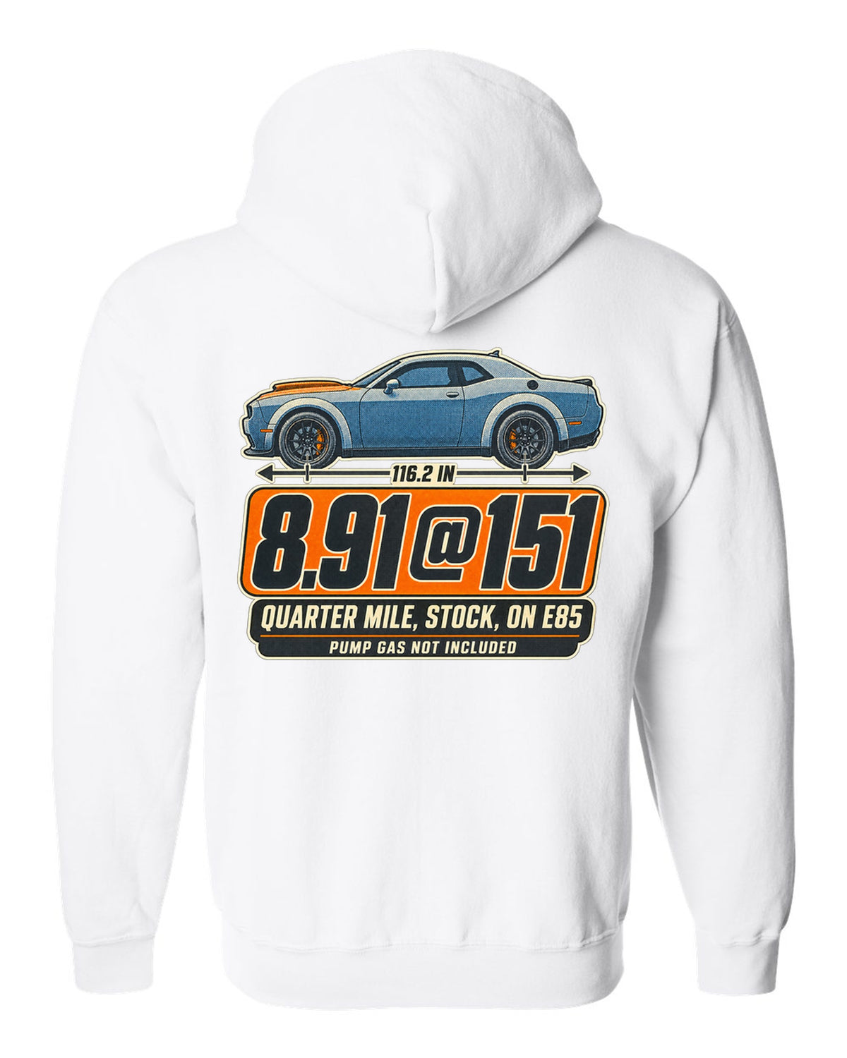 Dodge Challenger SRT Demon 170 halftone print with quarter mile time on E85 white zip hoodie back view with the design