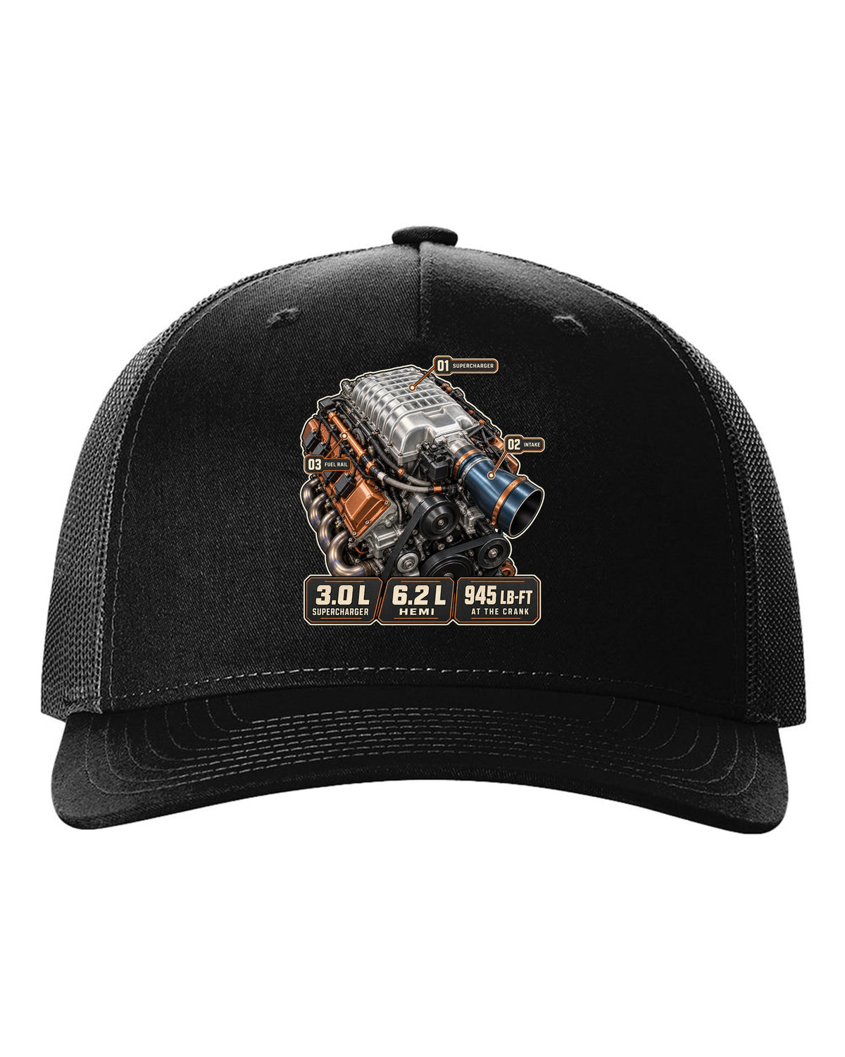 Dodge Challenger SRT Demon 170 supercharged Hemi engine hero print black hat front view with the design
