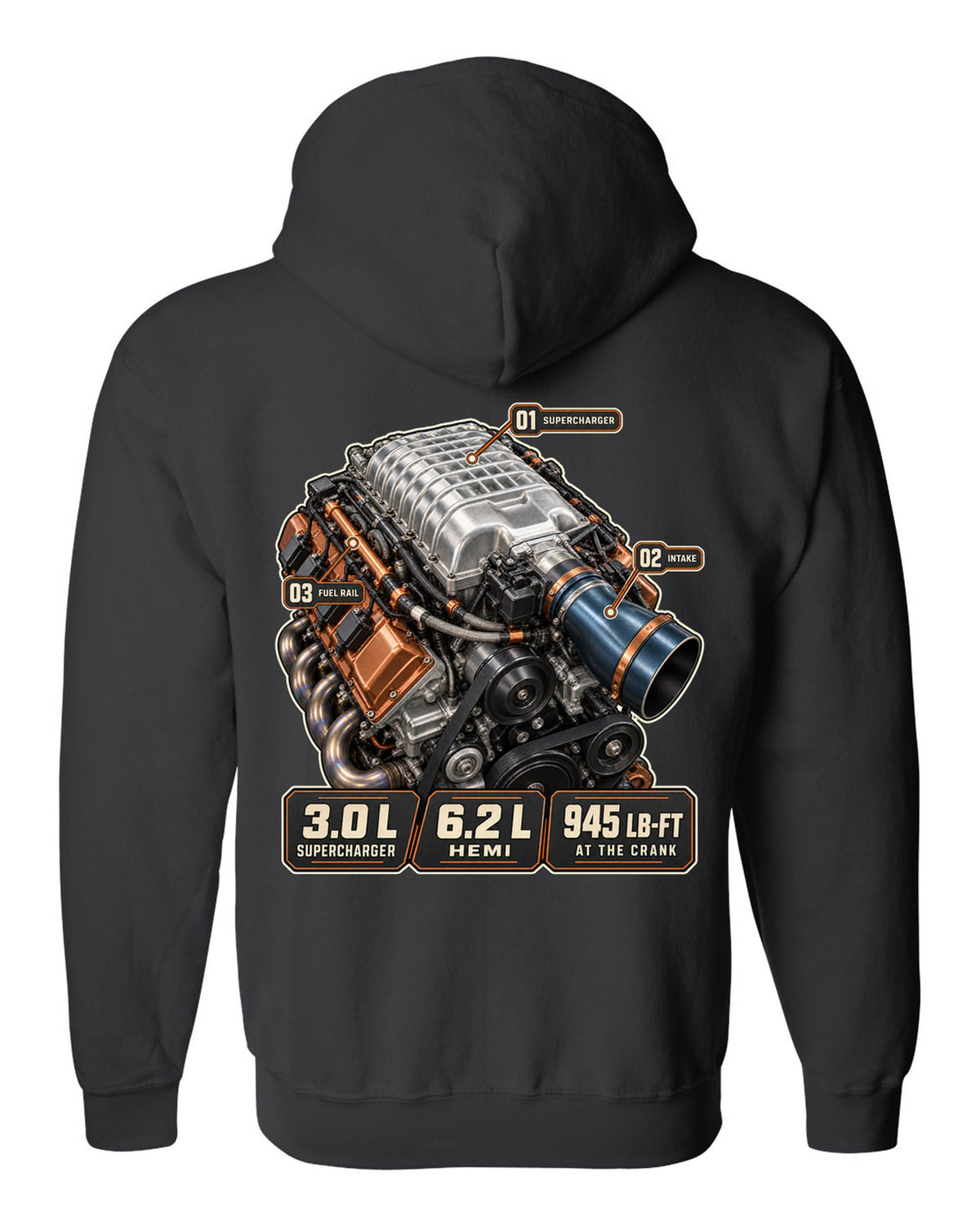 Dodge Challenger SRT Demon 170 supercharged Hemi engine hero print black zip hoodie back view with the design