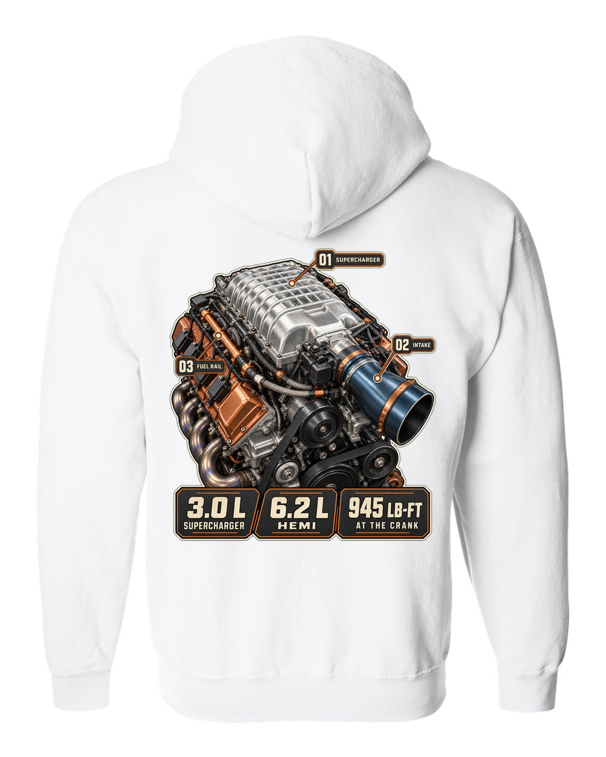 Dodge Challenger SRT Demon 170 supercharged Hemi engine hero print white zip hoodie back view with the design
