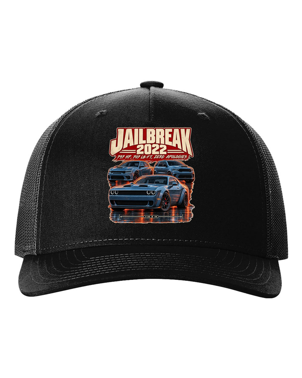 Dodge Challenger Hellcat Redeye Jailbreak 2022 street poster print black hat front view with the design