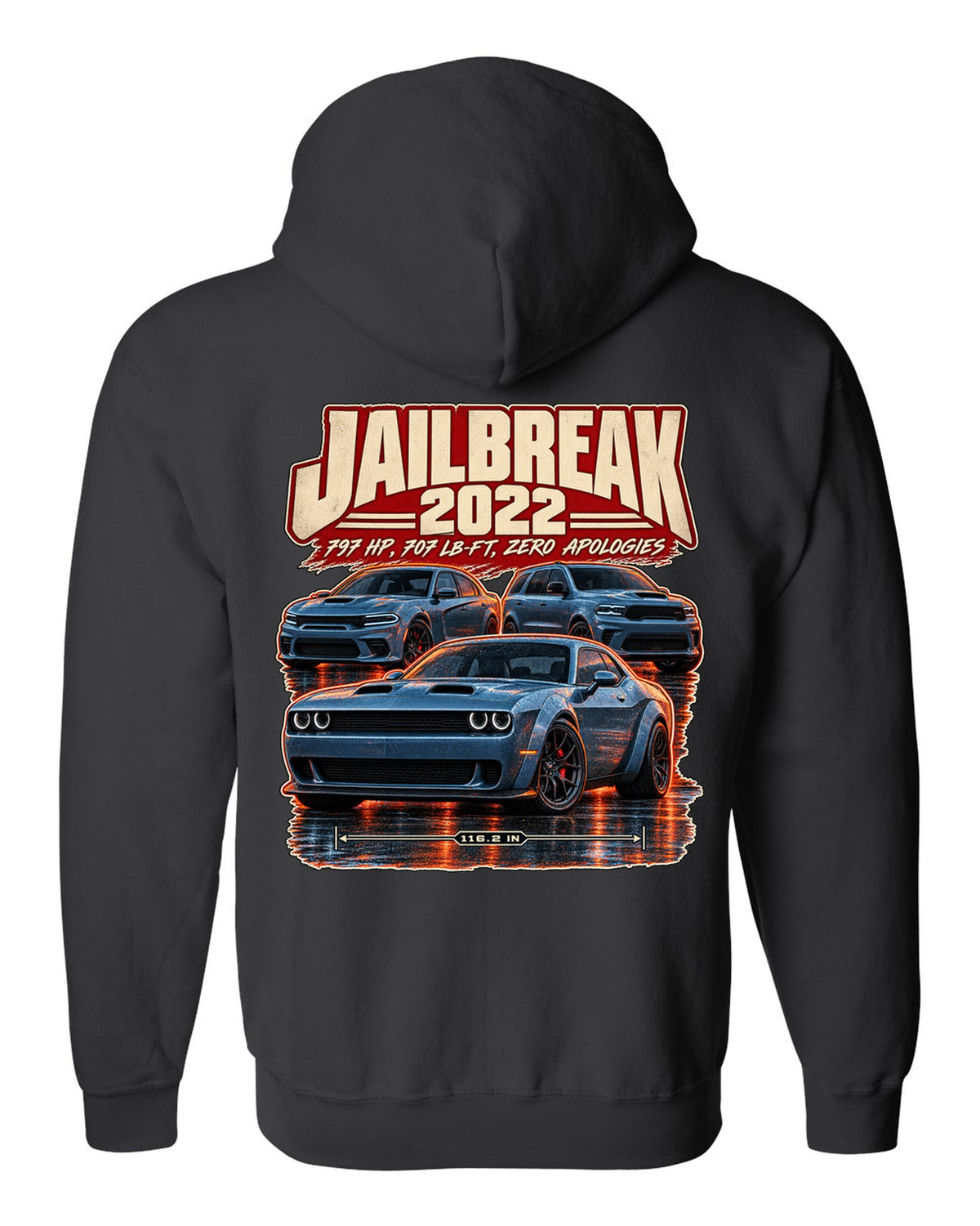 Dodge Challenger Hellcat Redeye Jailbreak 2022 street poster print black zip hoodie back view with the design