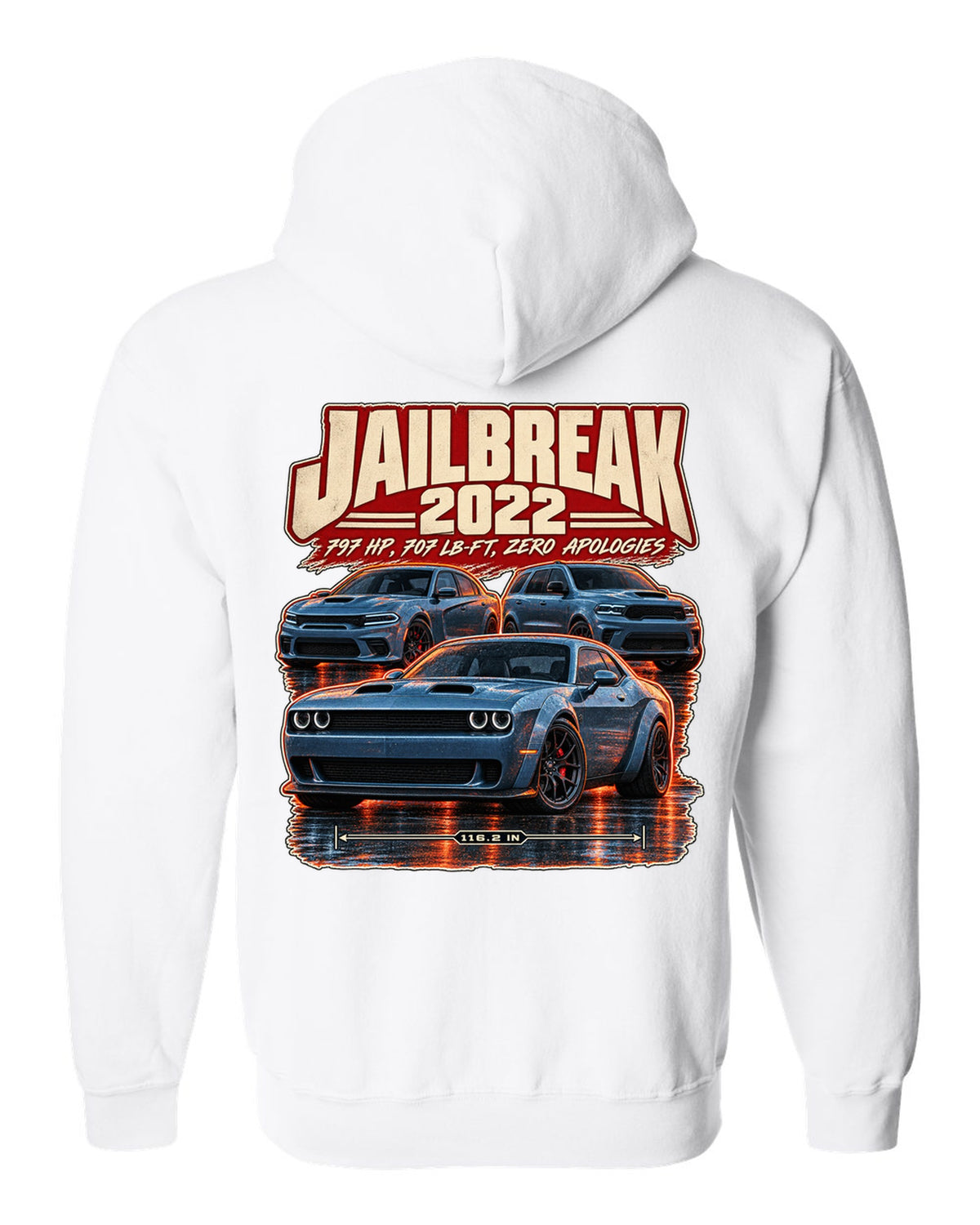 Dodge Challenger Hellcat Redeye Jailbreak 2022 street poster print white zip hoodie back view with the design
