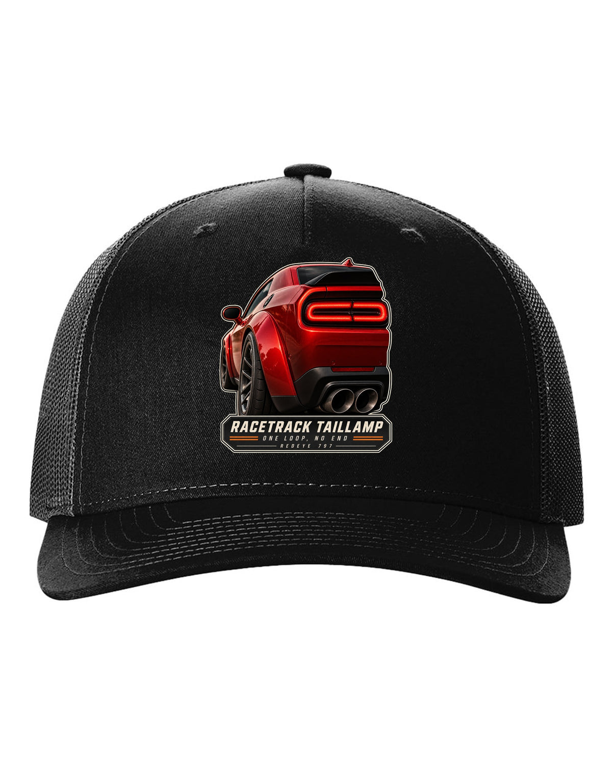 Dodge Challenger Hellcat Redeye Widebody racetrack taillamp macro print black hat front view with the design