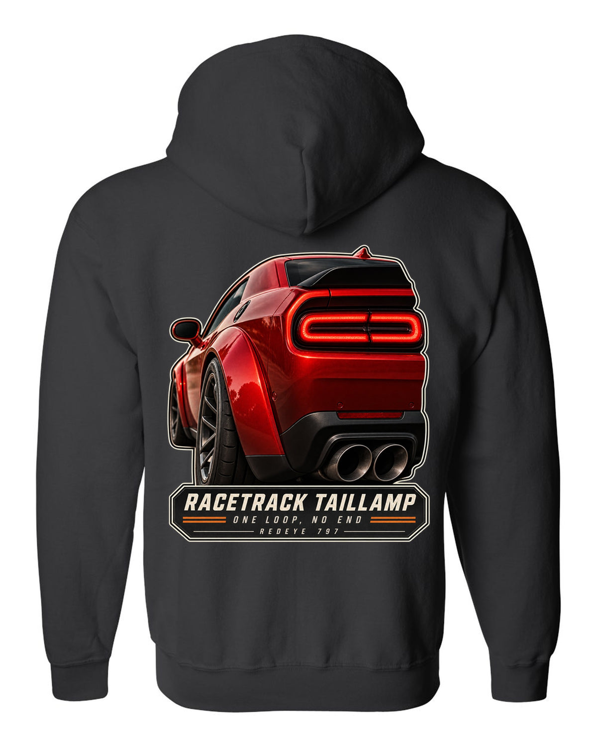 Dodge Challenger Hellcat Redeye Widebody racetrack taillamp macro print black zip hoodie back view with the design