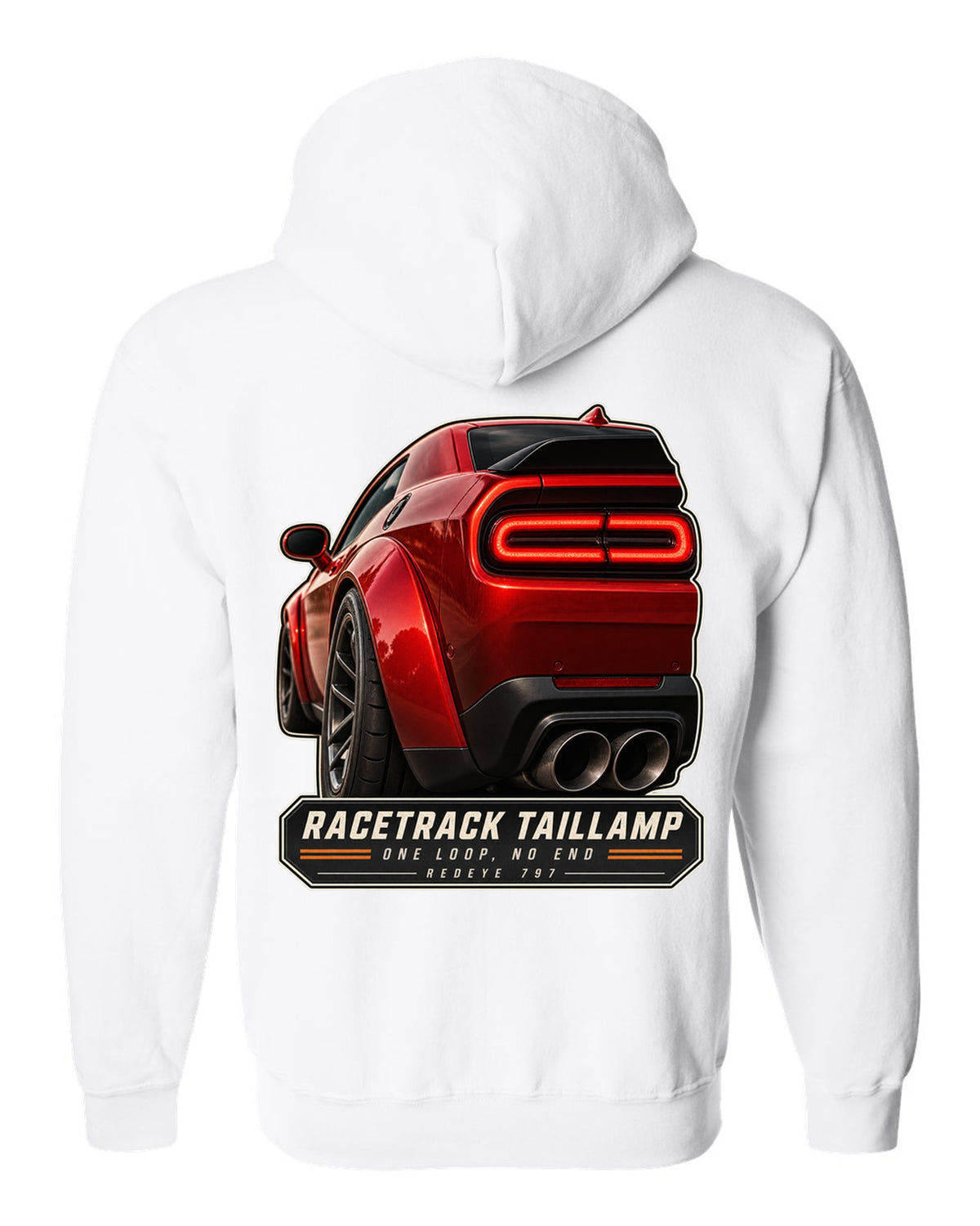 Dodge Challenger Hellcat Redeye Widebody racetrack taillamp macro print white zip hoodie back view with the design
