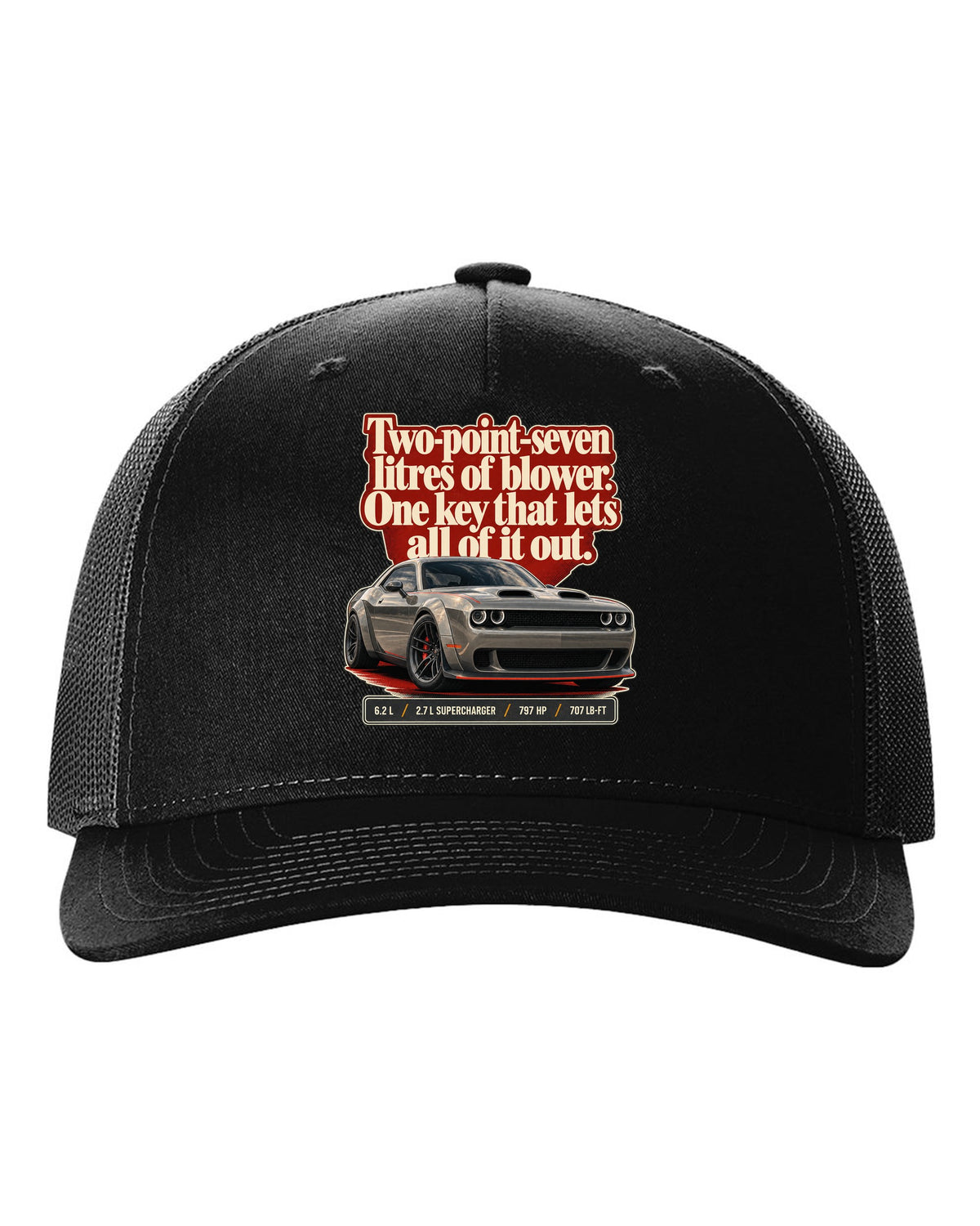 Dodge Challenger SRT Hellcat Redeye Widebody editorial headline print black hat front view with the design