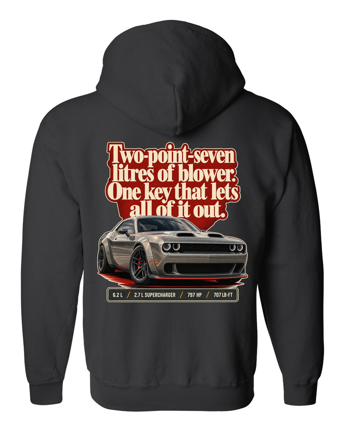 Dodge Challenger SRT Hellcat Redeye Widebody editorial headline print black zip hoodie back view with the design