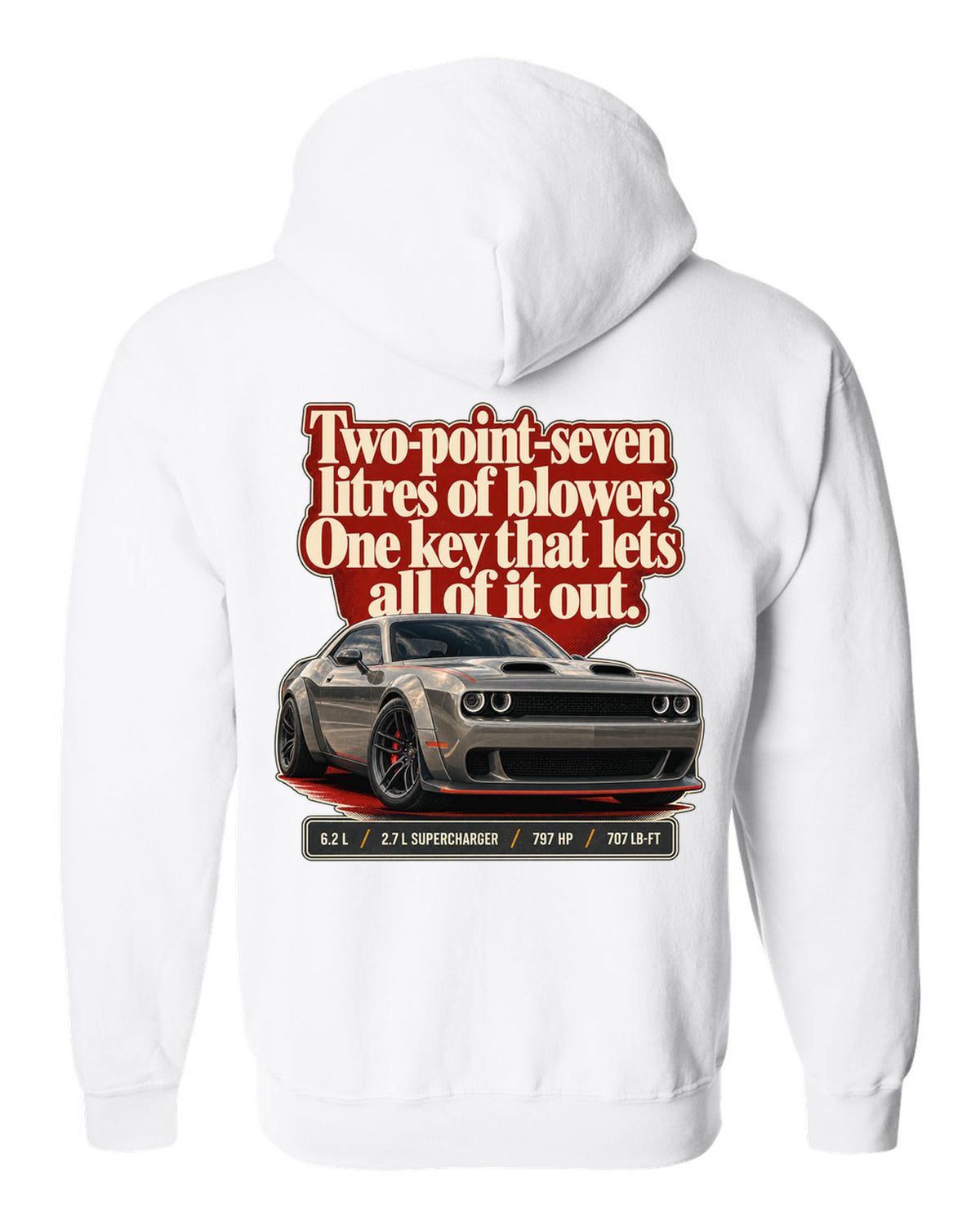 Dodge Challenger SRT Hellcat Redeye Widebody editorial headline print white zip hoodie back view with the design