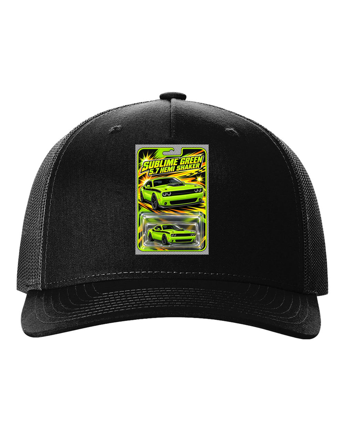 Blister toy card print of a 2015 Dodge Challenger R/T Shaker in Sublime Green black hat front view with the design