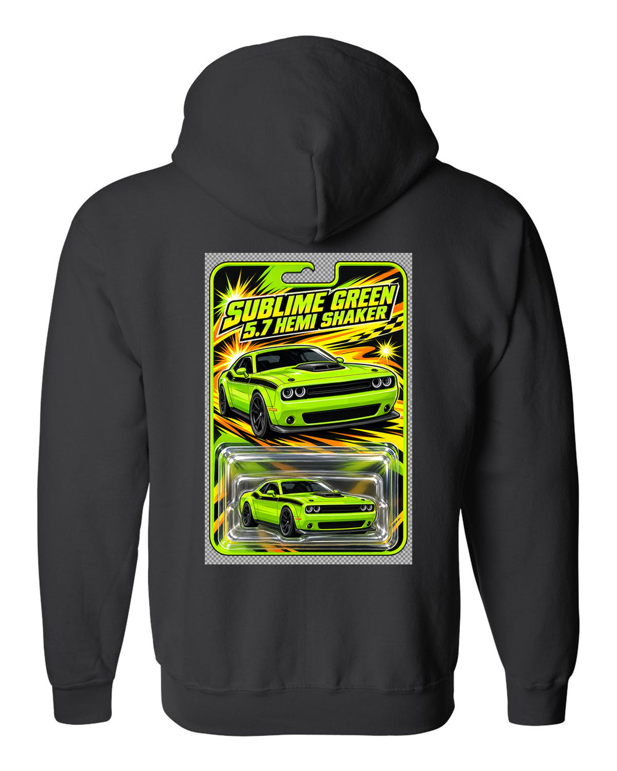 Blister toy card print of a 2015 Dodge Challenger R/T Shaker in Sublime Green black zip hoodie back view with the design