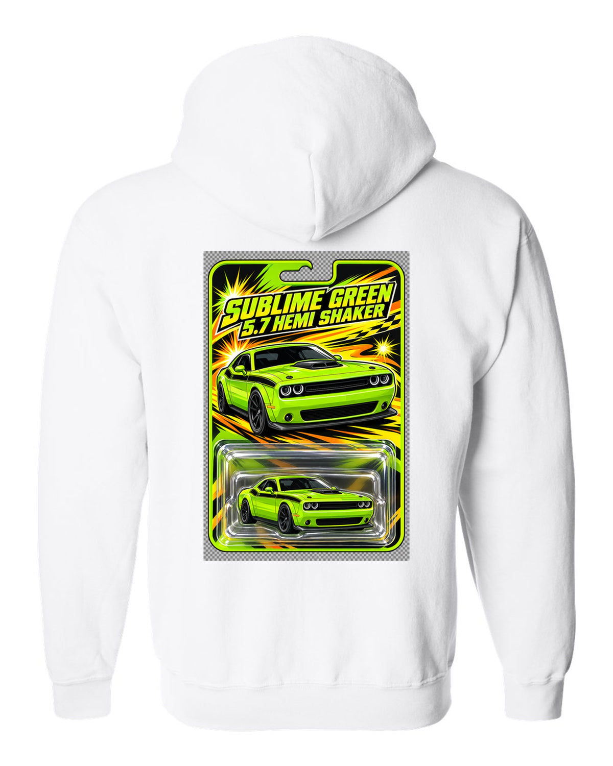 Blister toy card print of a 2015 Dodge Challenger R/T Shaker in Sublime Green white zip hoodie back view with the design
