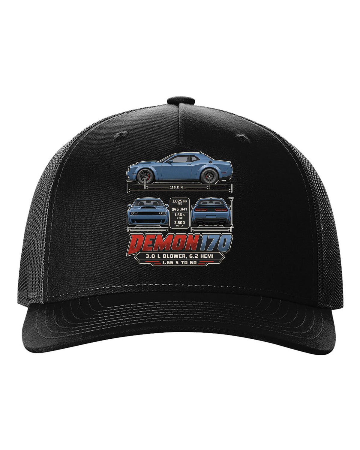 Dodge Challenger SRT Demon 170 dimension blueprint print black hat front view with the design