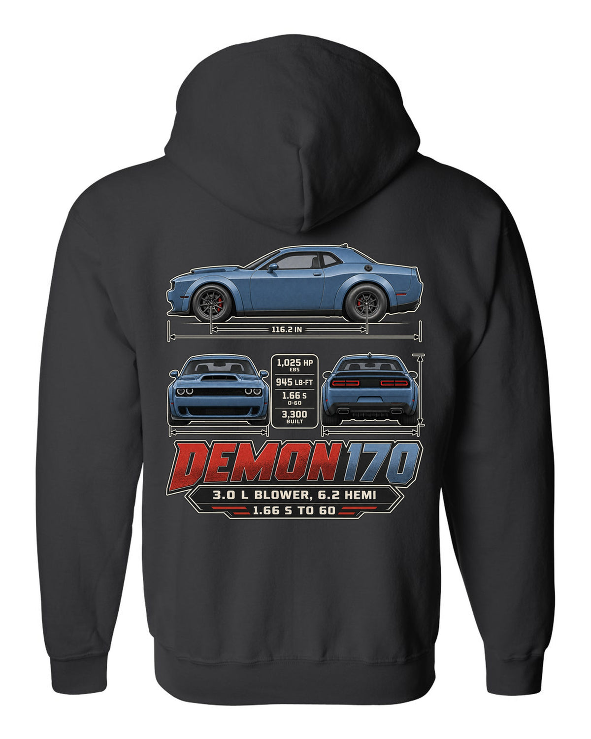 Dodge Challenger SRT Demon 170 dimension blueprint print black zip hoodie back view with the design