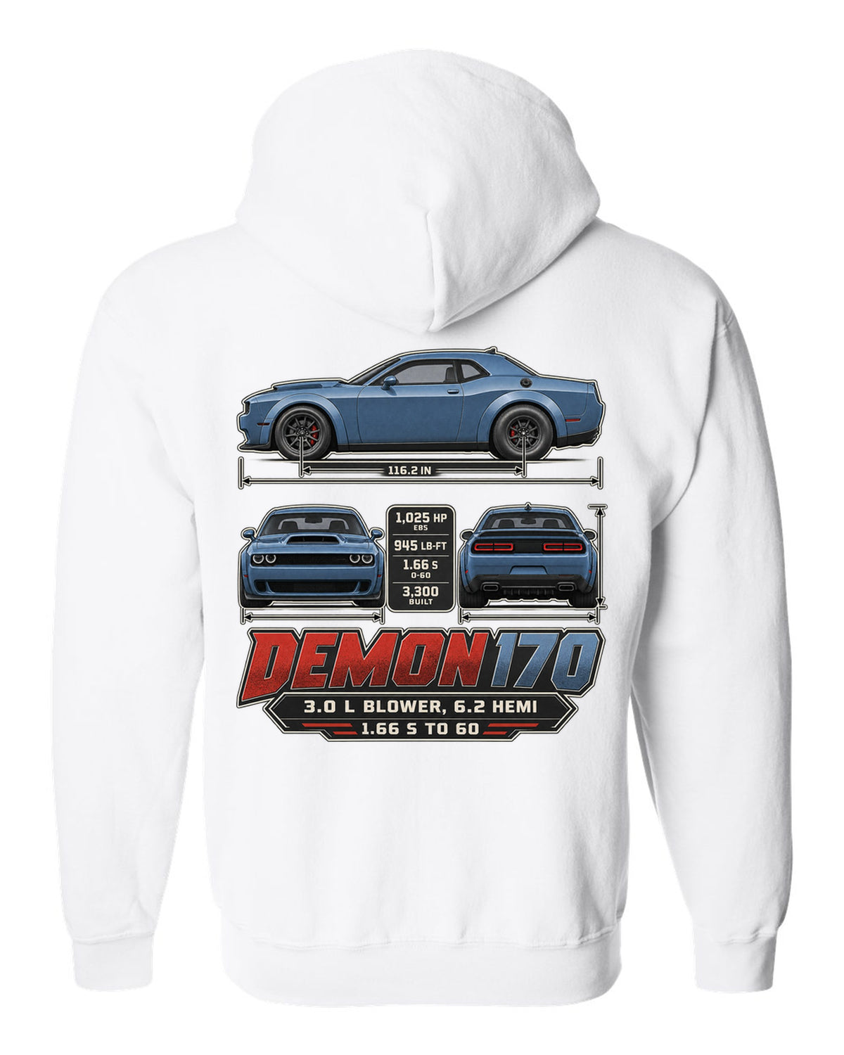 Dodge Challenger SRT Demon 170 dimension blueprint print white zip hoodie back view with the design