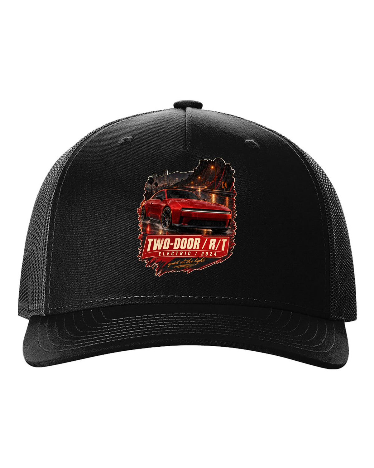 print of a 2024 Dodge Charger Daytona R/T on a night street black hat front view with the design