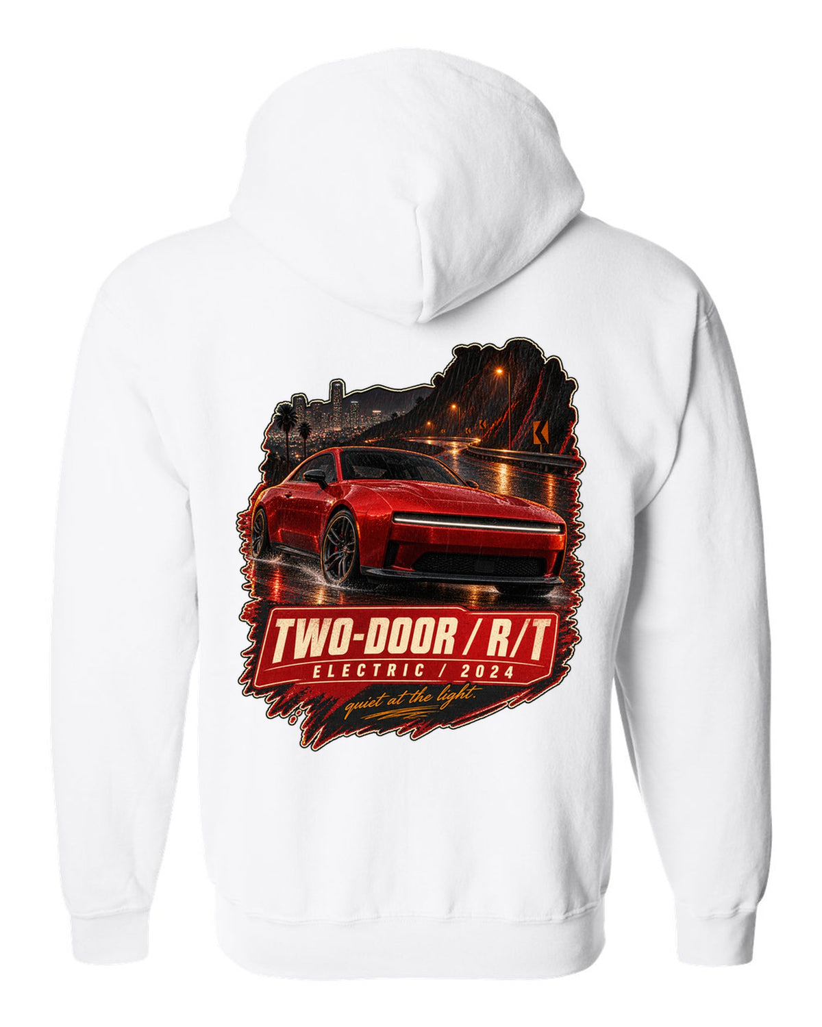 print of a 2024 Dodge Charger Daytona R/T on a night street white zip hoodie back view with the design