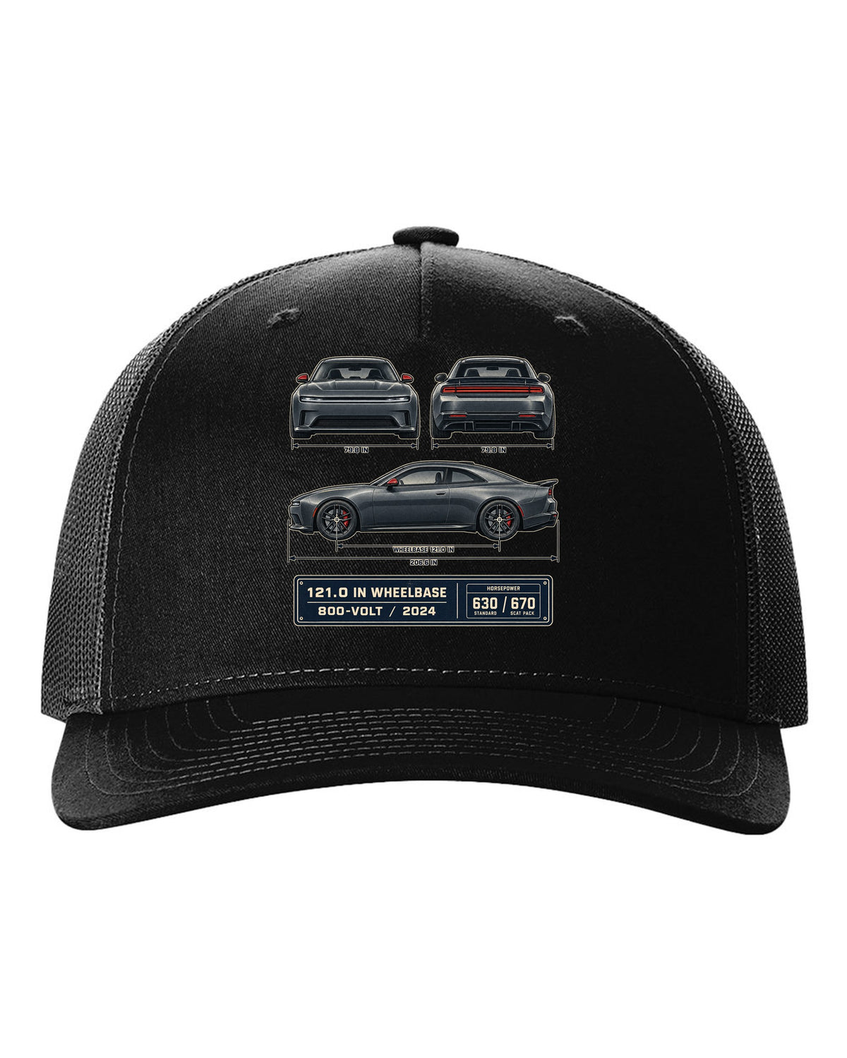 Dodge Charger Daytona Scat Pack 2024 dimension blueprint print black hat front view with the design
