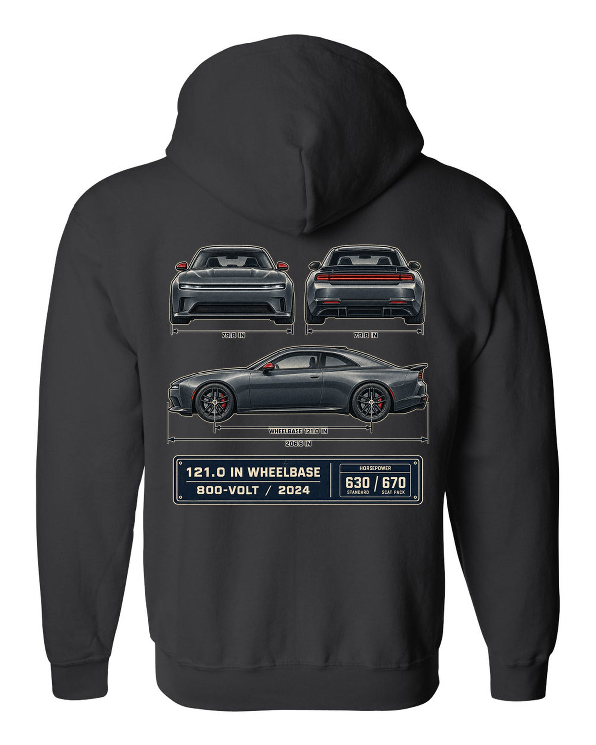 Dodge Charger Daytona Scat Pack 2024 dimension blueprint print black zip hoodie back view with the design