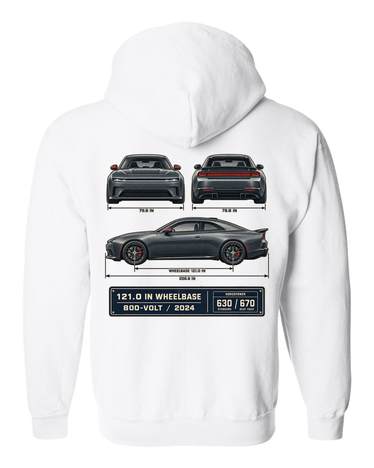 Dodge Charger Daytona Scat Pack 2024 dimension blueprint print white zip hoodie back view with the design