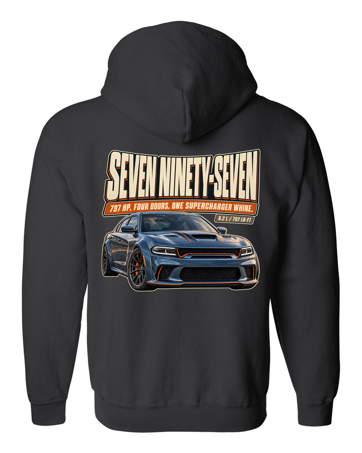 Dodge Charger SRT Hellcat Redeye Widebody editorial headline print black zip hoodie back view with the design