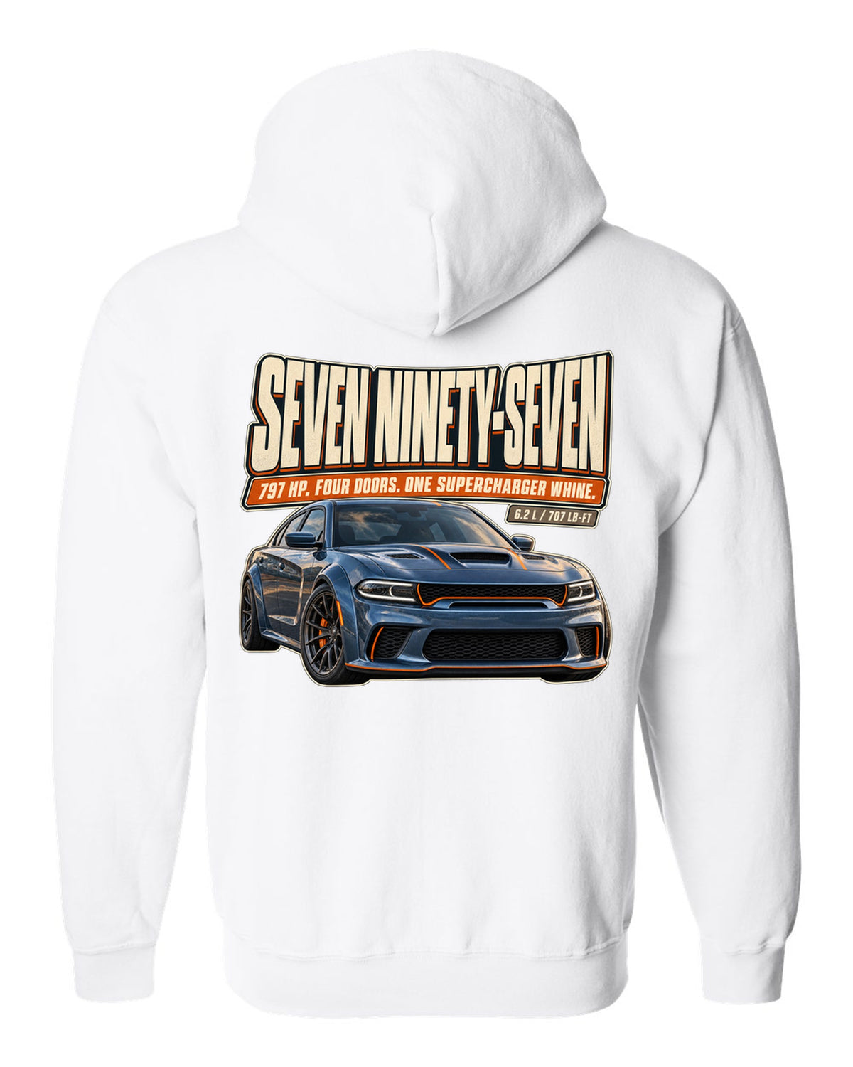 Dodge Charger SRT Hellcat Redeye Widebody editorial headline print white zip hoodie back view with the design