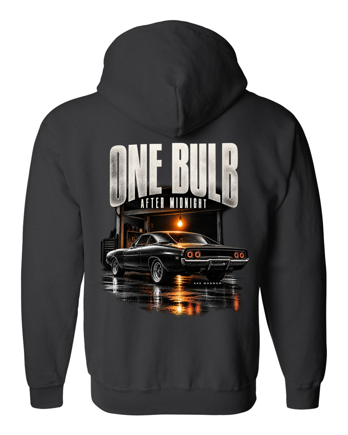 1969 Dodge Charger R/T B-body garage night print with one bulb after midnight lettering black zip hoodie back view with the design