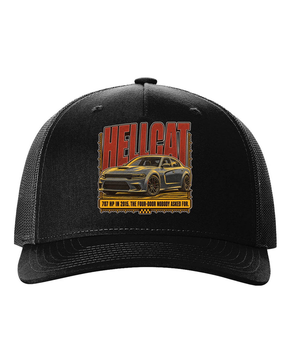 Dodge Charger SRT Hellcat halftone statement print reading 707 HP in 2015 black hat front view with the design