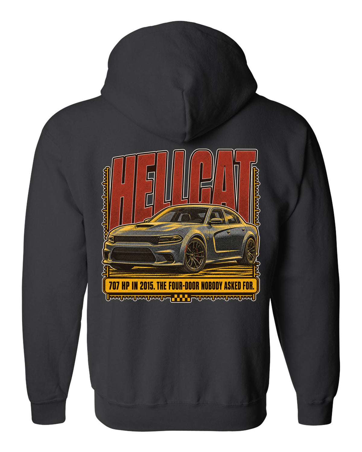 Dodge Charger SRT Hellcat halftone statement print reading 707 HP in 2015 black zip hoodie back view with the design