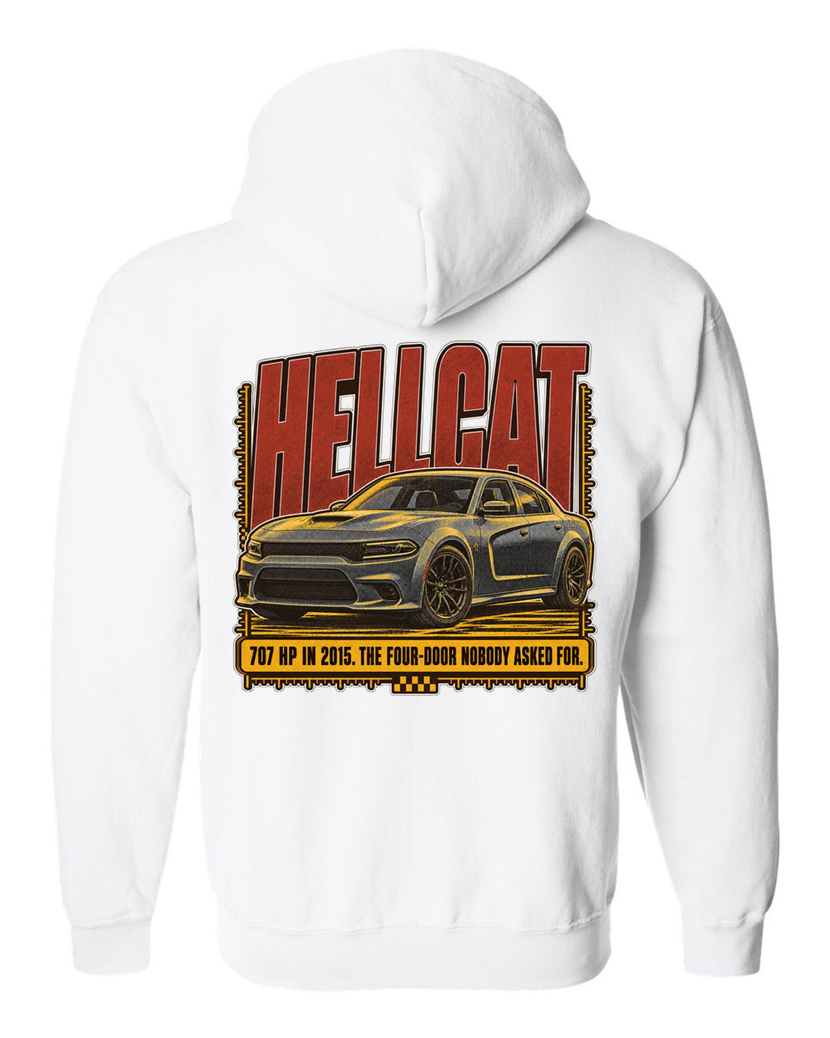 Dodge Charger SRT Hellcat halftone statement print reading 707 HP in 2015 white zip hoodie back view with the design