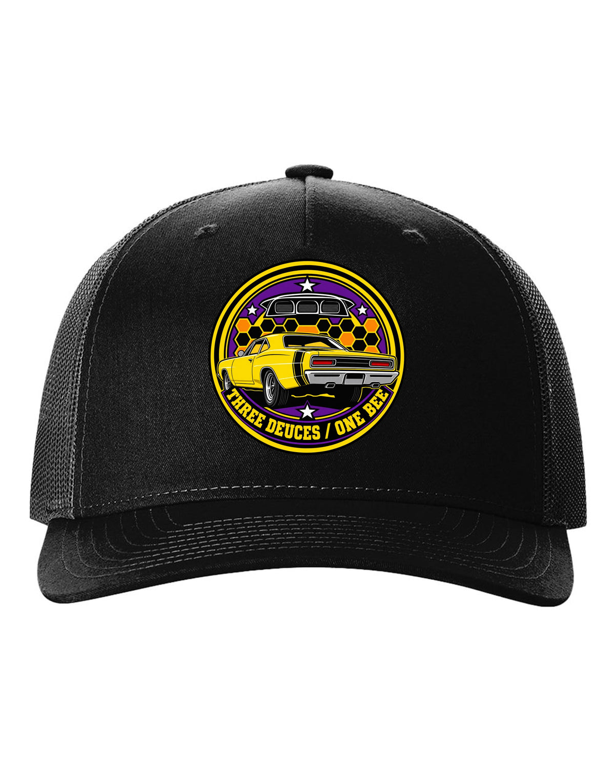 Round crest design for the 1969 Dodge Coronet Super Bee reading three deuces one bee black hat front view with the design