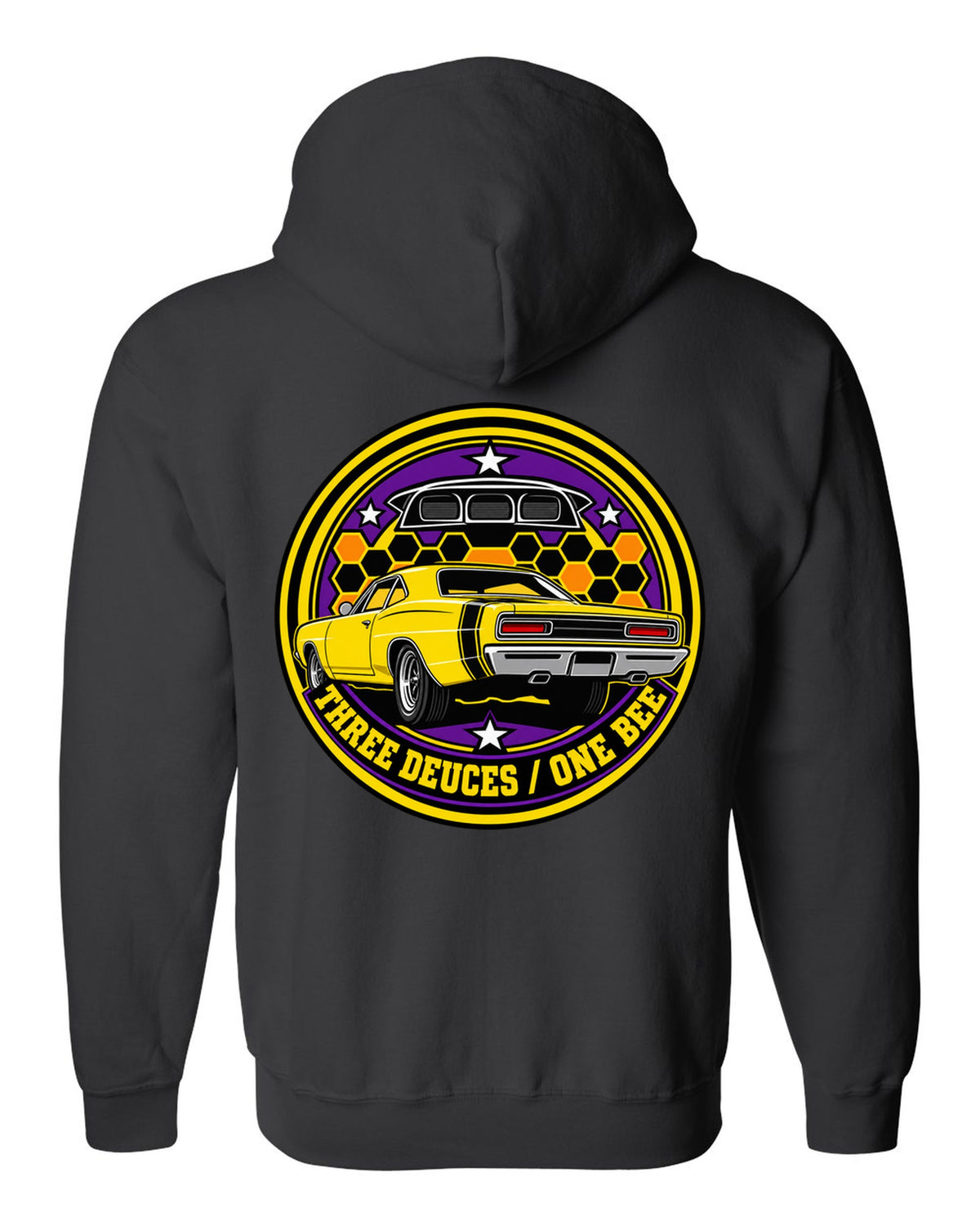 Round crest design for the 1969 Dodge Coronet Super Bee reading three deuces one bee black zip hoodie back view with the design
