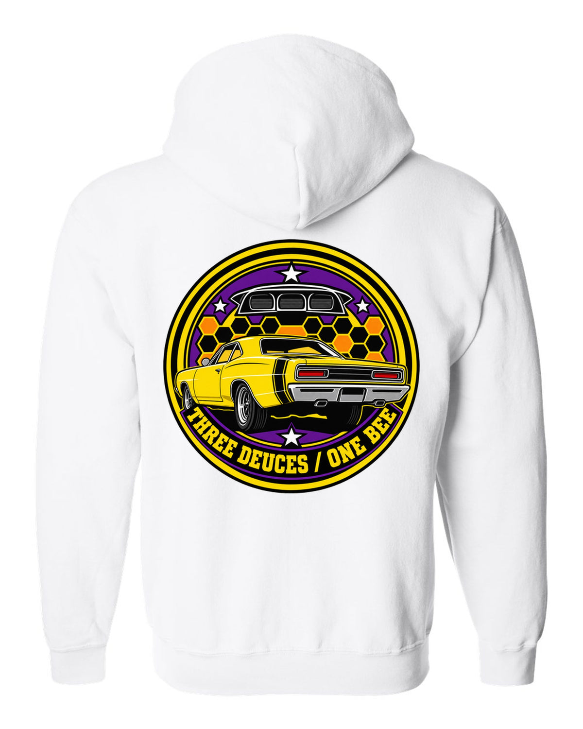 Round crest design for the 1969 Dodge Coronet Super Bee reading three deuces one bee white zip hoodie back view with the design