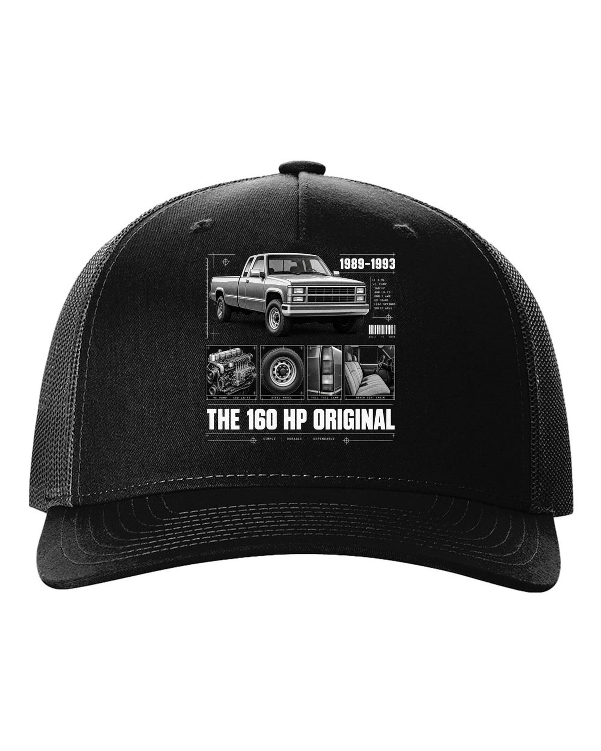 Dossier print of a 1989-93 Dodge D250 1st gen Cummins with VE pump and torque figures black hat front view with the design