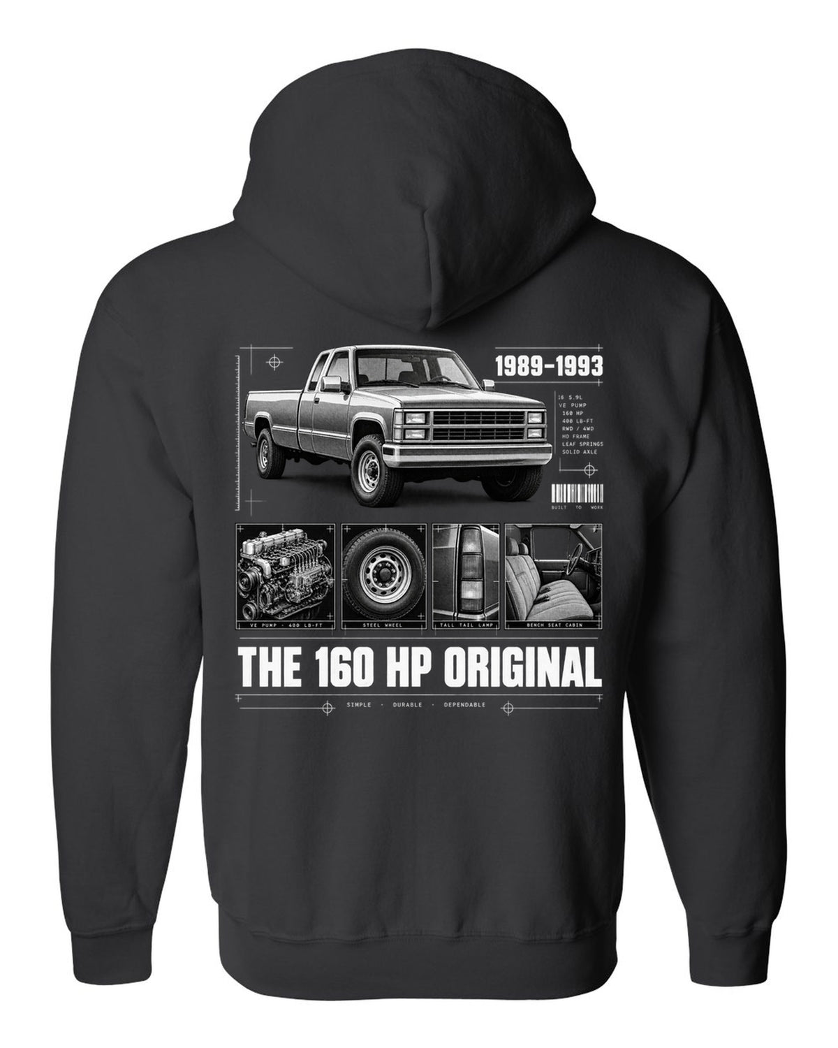 Dossier print of a 1989-93 Dodge D250 1st gen Cummins with VE pump and torque figures black zip hoodie back view with the design
