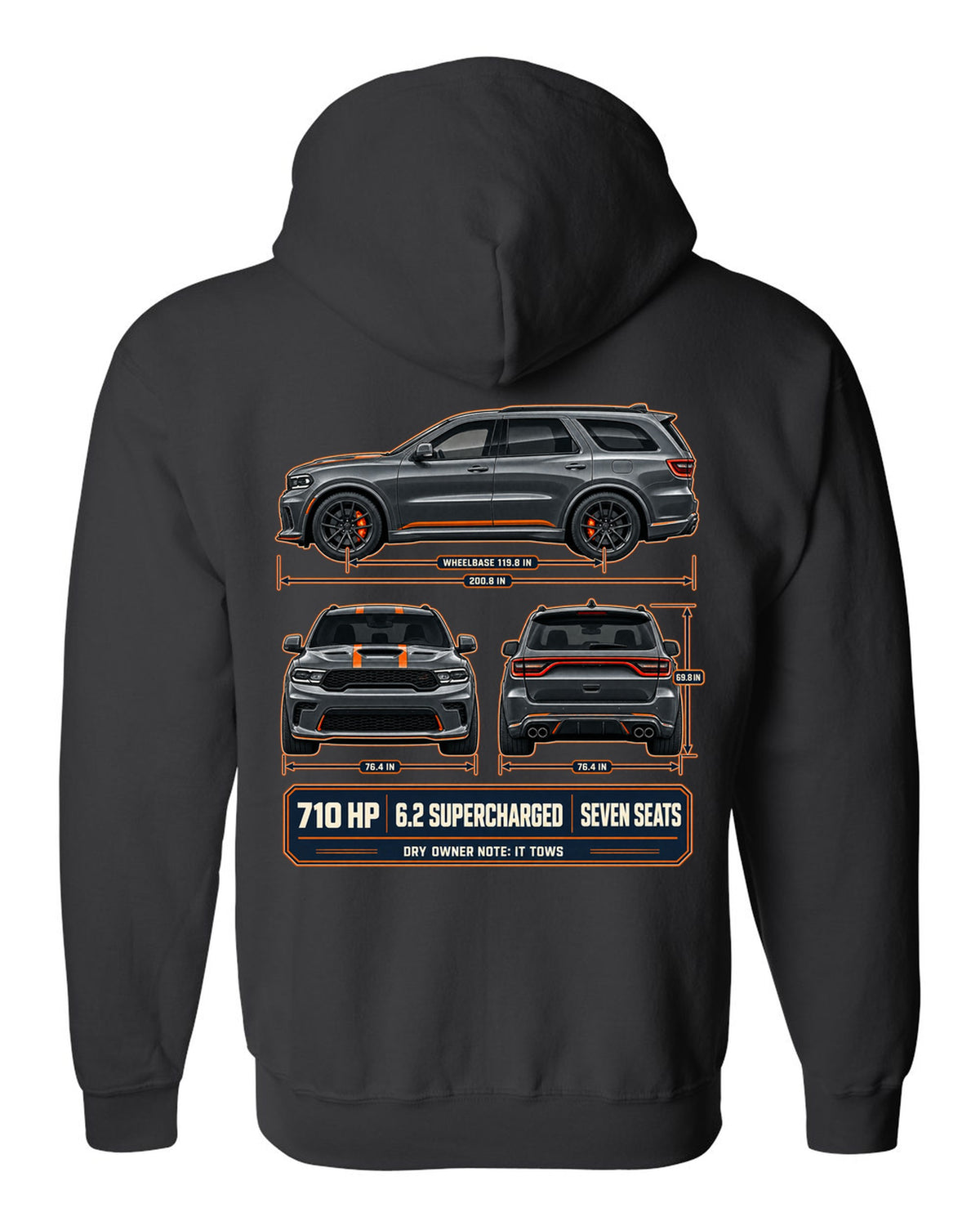 Dodge Durango SRT Hellcat 2021 three-view drawing with spec table print black zip hoodie back view with the design