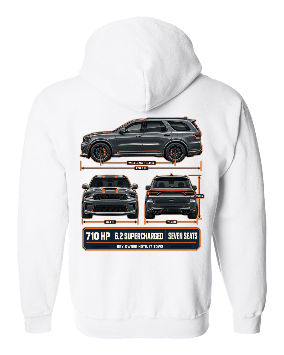 Dodge Durango SRT Hellcat 2021 three-view drawing with spec table print white zip hoodie back view with the design