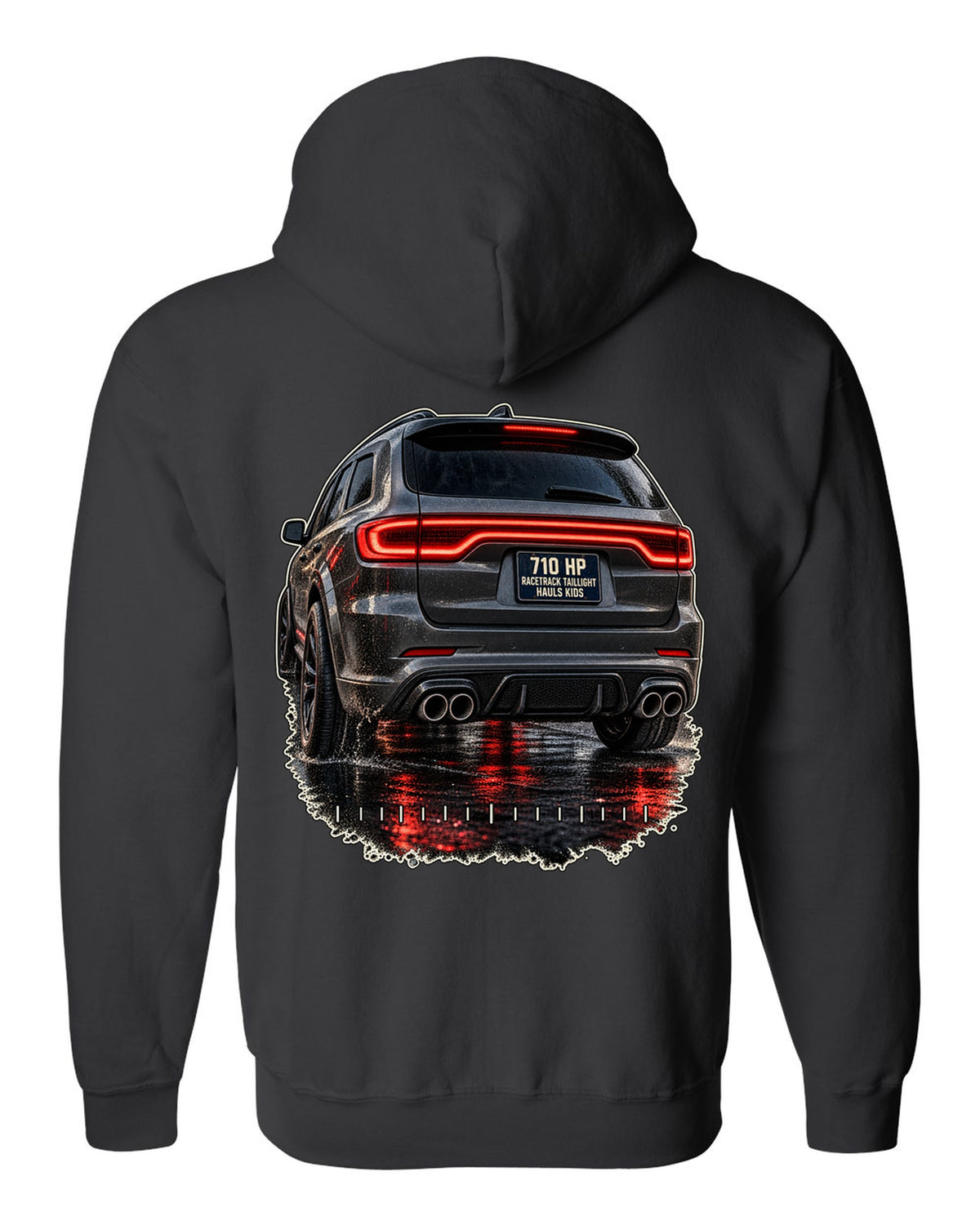 print of a Dodge Durango SRT Hellcat taillight close-up black zip hoodie back view with the design