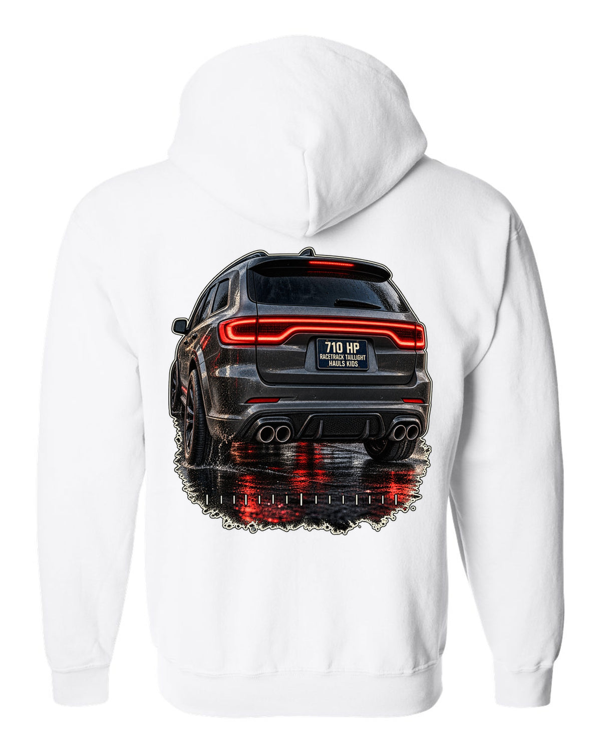 print of a Dodge Durango SRT Hellcat taillight close-up white zip hoodie back view with the design