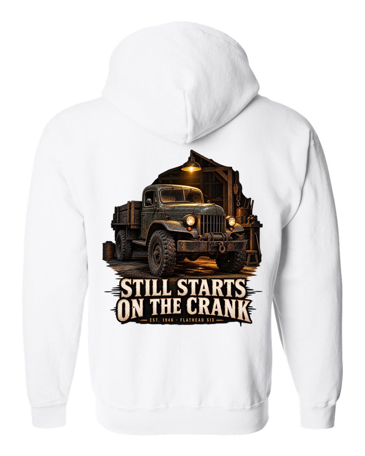 Garage night print of a 1946-1960s Dodge Power Wagon flat fender with starts on the crank text white zip hoodie back view with the design