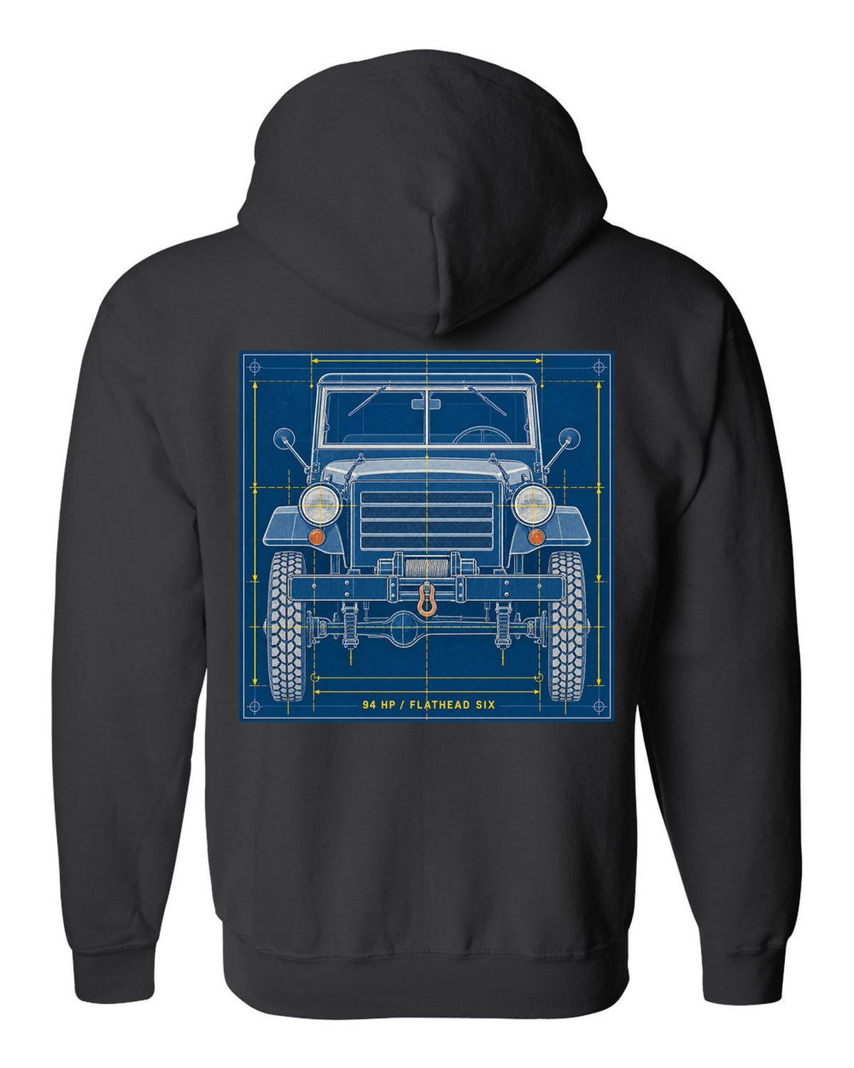 Cyanotype negative-style print of a Dodge Power Wagon WM300 grille with 94 HP flathead six text black zip hoodie back view with the design