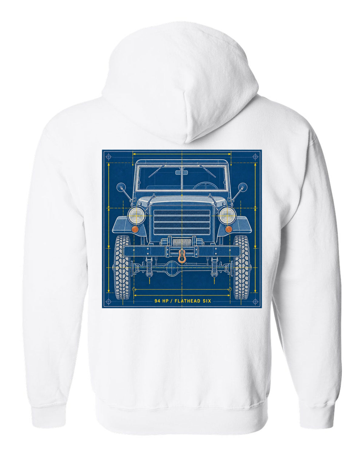 Cyanotype negative-style print of a Dodge Power Wagon WM300 grille with 94 HP flathead six text white zip hoodie back view with the design