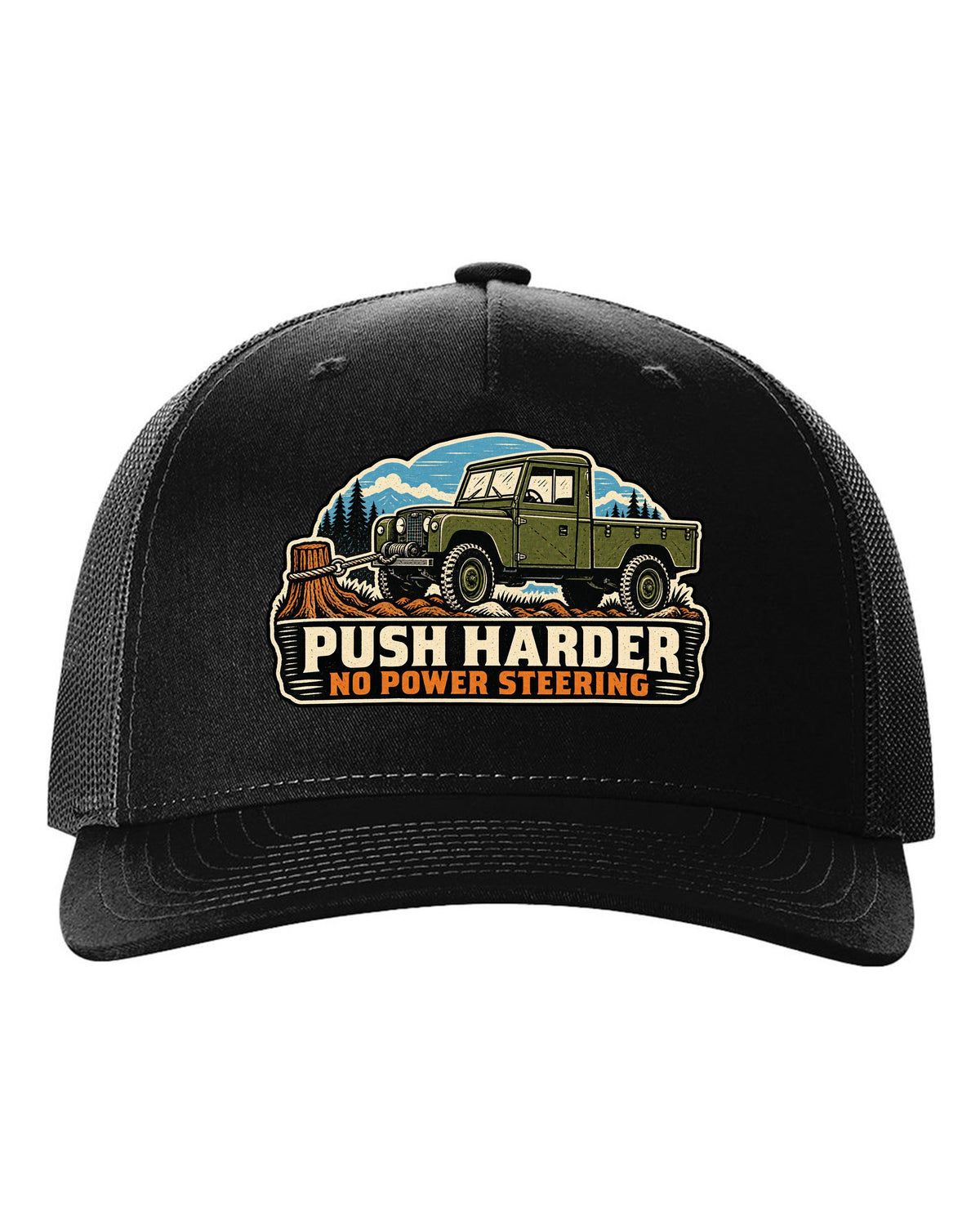 Linocut print of a Dodge Power Wagon WM300 flat fender winching with no power steering text black hat front view with the design
