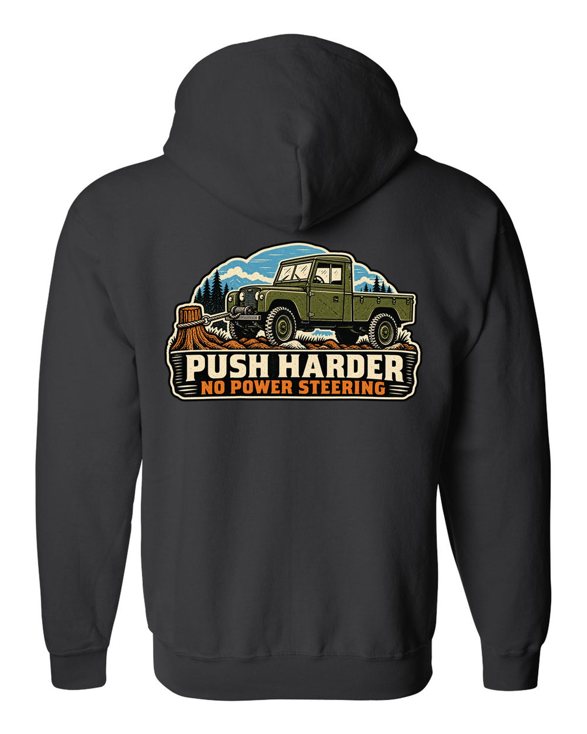 Linocut print of a Dodge Power Wagon WM300 flat fender winching with no power steering text black zip hoodie back view with the design