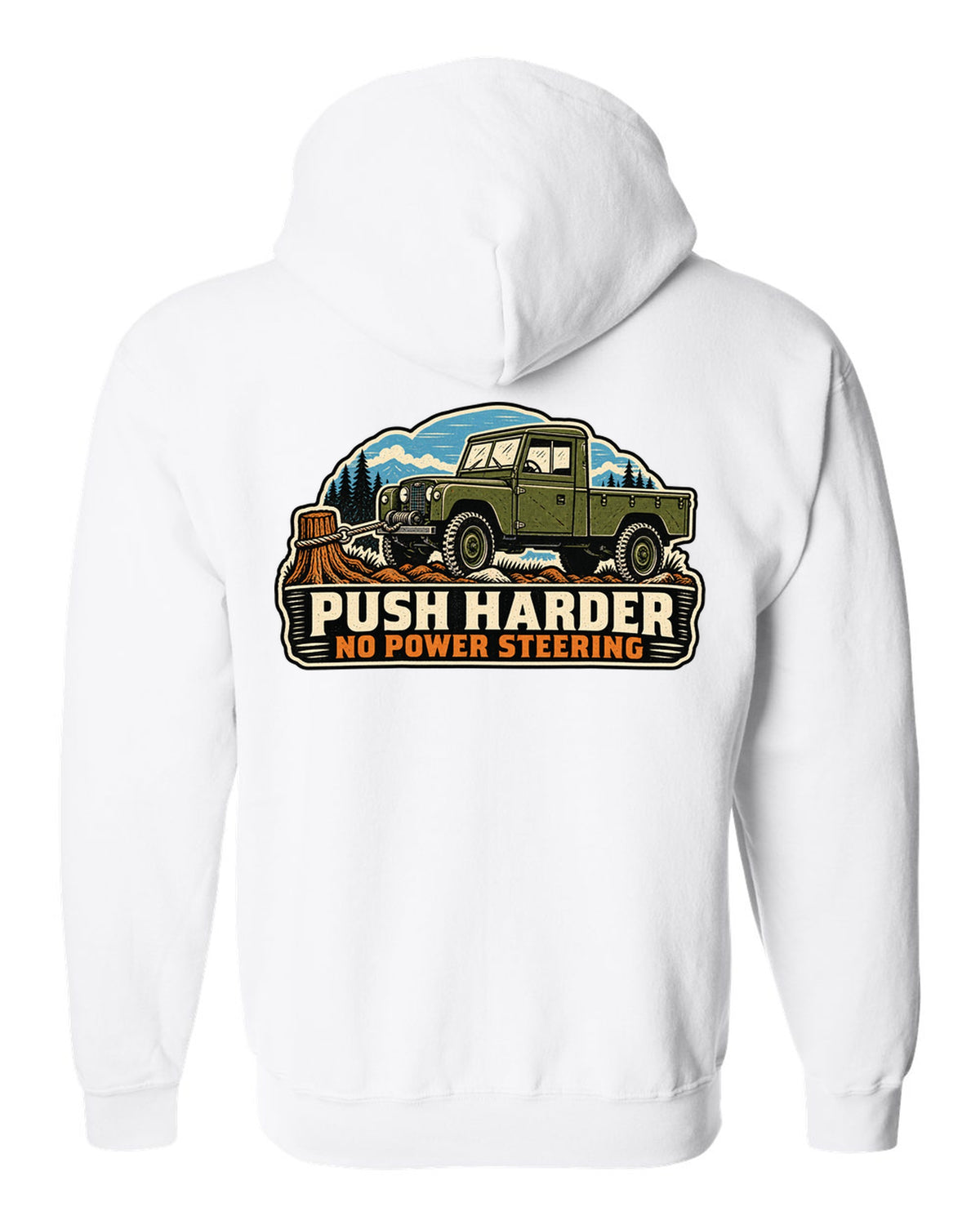 Linocut print of a Dodge Power Wagon WM300 flat fender winching with no power steering text white zip hoodie back view with the design