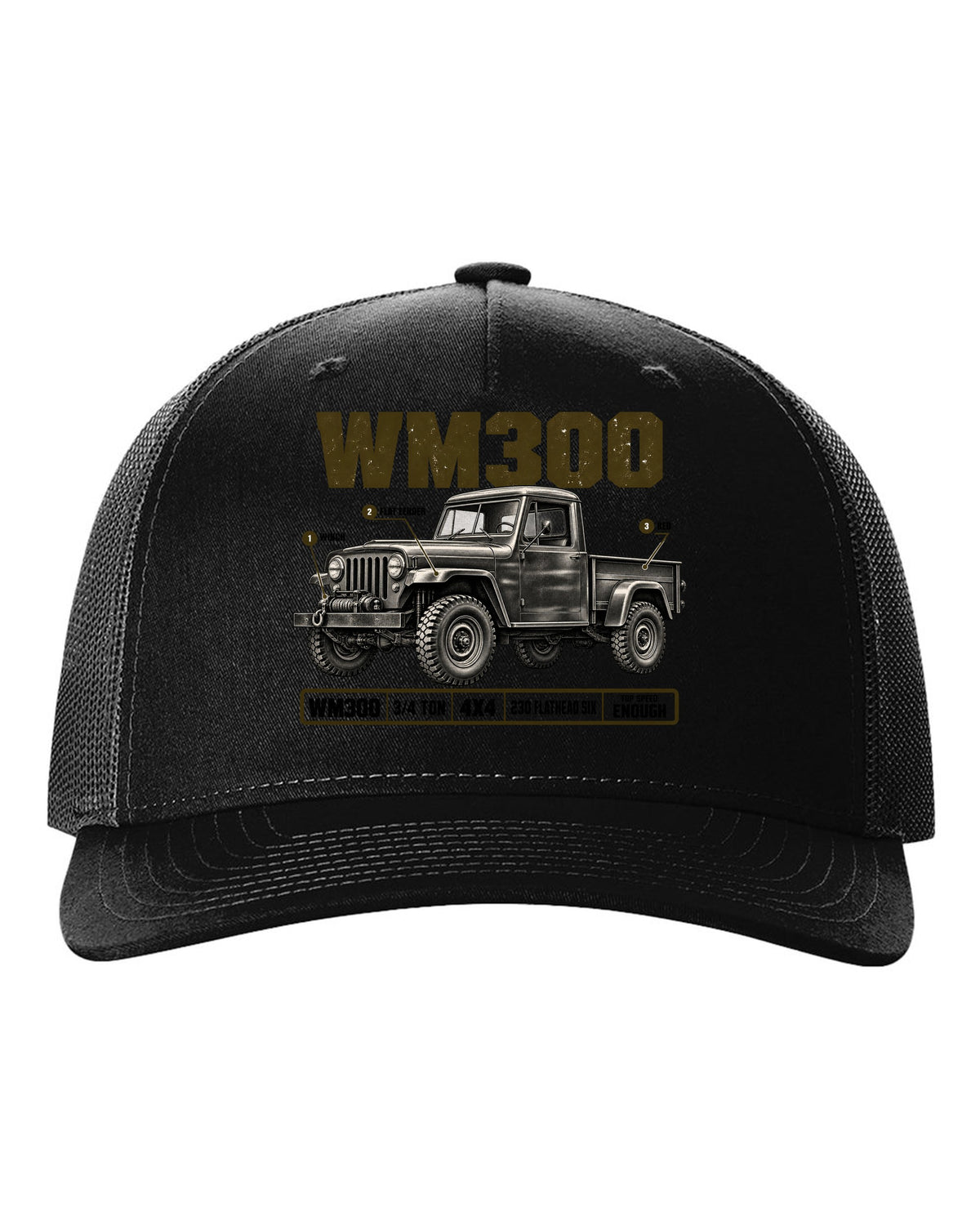 Spec poster print of a 1960-1971 Dodge Power Wagon WM300 flat fender truck black hat front view with the design