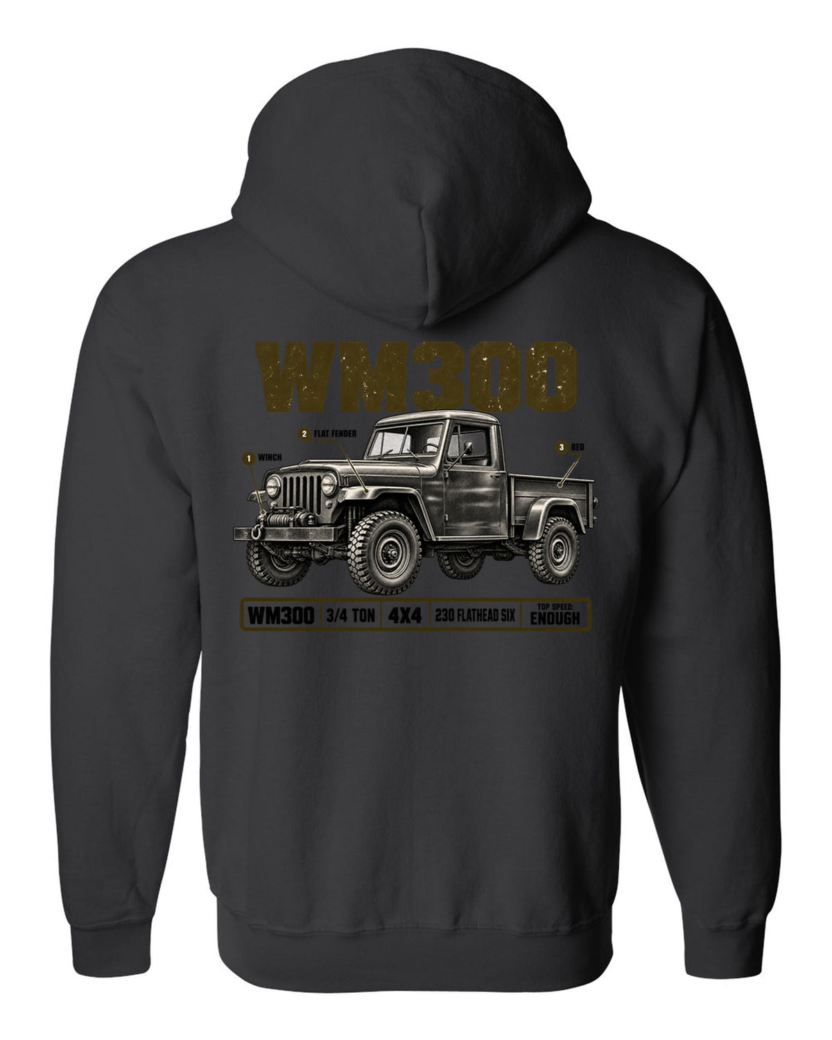Spec poster print of a 1960-1971 Dodge Power Wagon WM300 flat fender truck black zip hoodie back view with the design