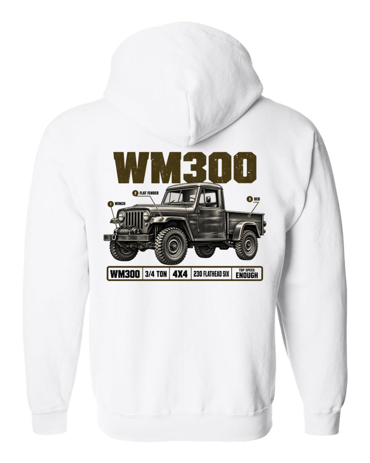 Spec poster print of a 1960-1971 Dodge Power Wagon WM300 flat fender truck white zip hoodie back view with the design
