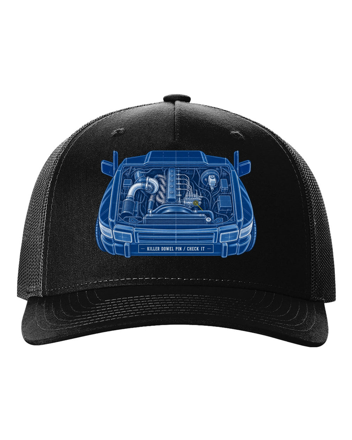 Cyanotype blueprint print of a 1994-1998 Dodge Ram 12V 5.9 Cummins engine bay black hat front view with the design